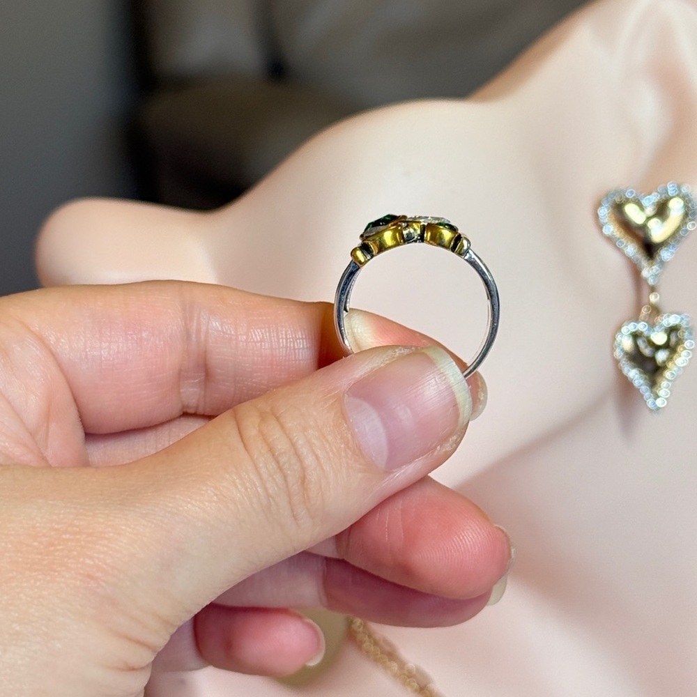 Silver and Gold Ring with Green and Clear Gems - Picture 7 of 7